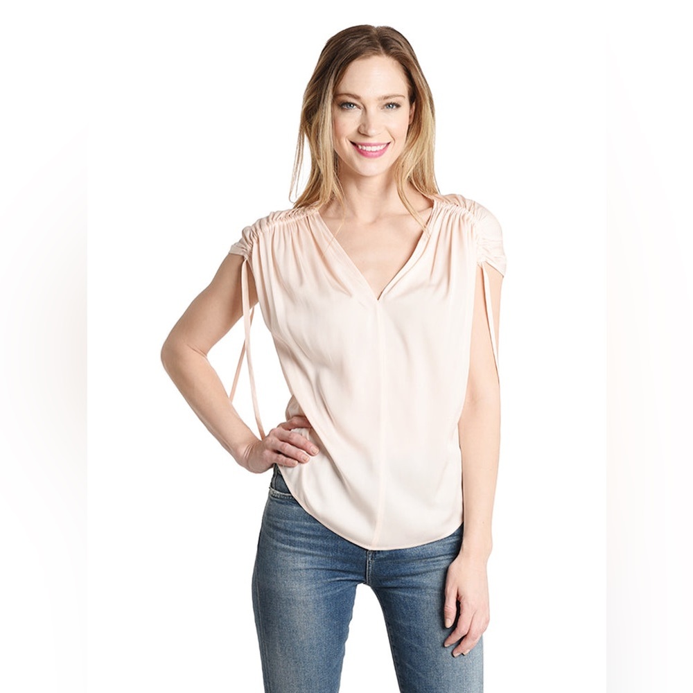 VINCE Ruched Short Sleeve V Neck Top Size SP